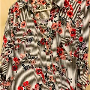 Iz Byer Vneck Floral Button Down with Blue Stripes
